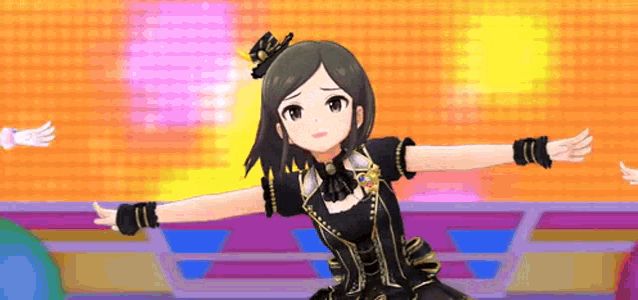 a cartoon girl is dancing on a stage with her arms outstretched .