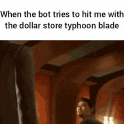 a man is standing in a room with a caption that says when the bot tries to hit me