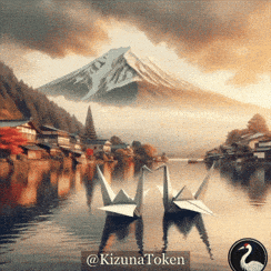 a painting of two origami swans in a lake with a mountain in the background and the words kizunatoken on the bottom