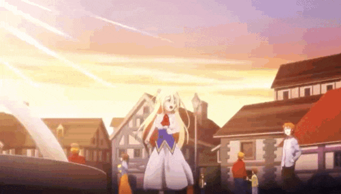 a girl in a white dress is standing in front of a group of people in a town .