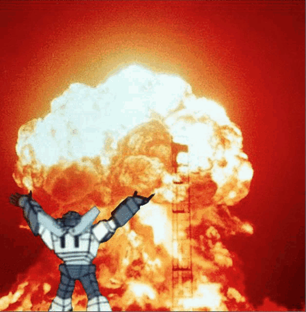 a robot stands in front of an explosion with the number 11 on his chest