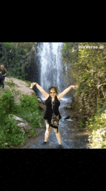a woman standing in front of a waterfall with pixverse.ai written on the bottom right