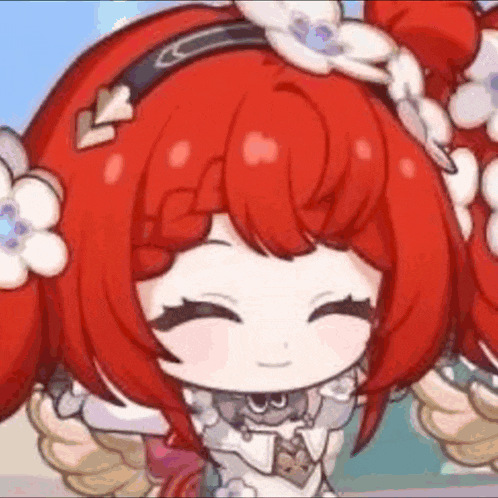 a close up of a cartoon girl with red hair and white flowers on her head .