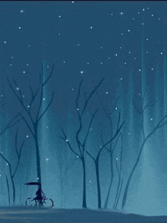 a painting of a person riding a bike in a snowy forest at night