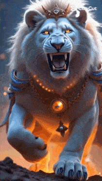 a white lion with a crown on its head and a necklace around its neck