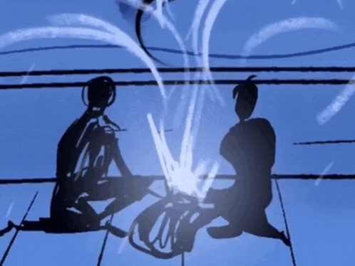 a drawing of two people sitting around a fire in the dark