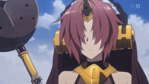 a girl with pink hair is holding a sword and the bs11 logo is visible behind her