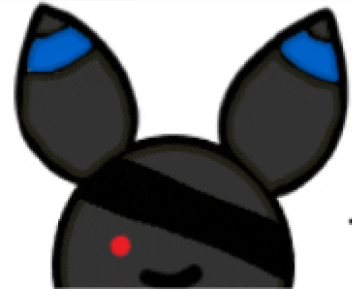 a black bunny with blue ears and a red spot on its face