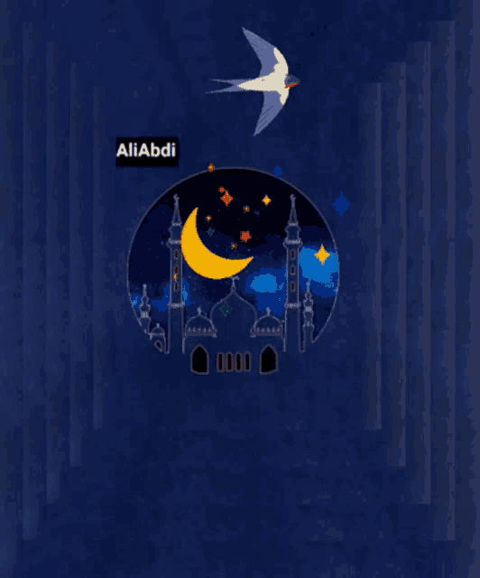 a blue background with a bird and a crescent moon and the name aliabdi on the bottom