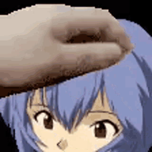 a person is petting a blue haired anime girl 's head with their hand .