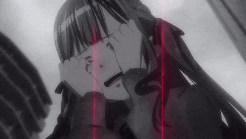 a black and white drawing of a girl crying with a red light behind her .
