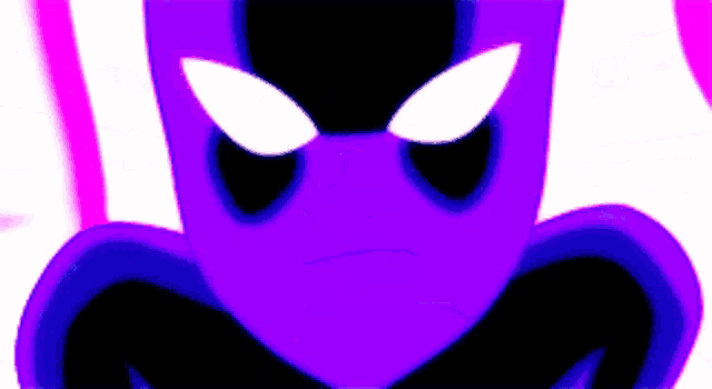 a close up of a purple cartoon character 's face