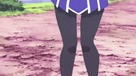 a girl in a purple skirt and black tights is standing on a dirt path .