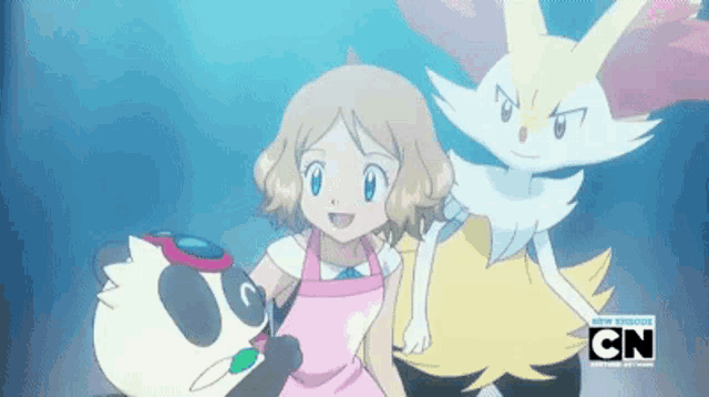 a girl in an apron is standing next to a panda and a fox with cn written on the bottom right