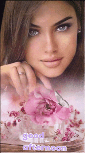 a woman with a pink flower and the words good afternoon