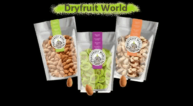 three bags of dried fruits and nuts from dry fruit world
