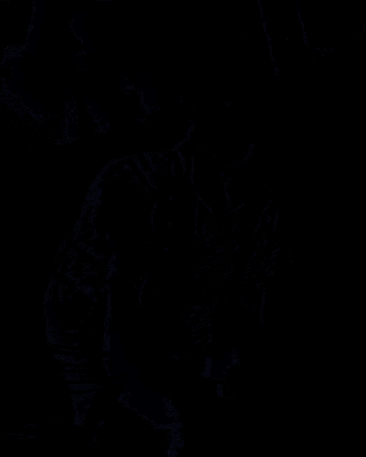 a man with gray hair and a black jacket stands in front of a blue light