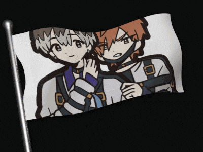a black and white flag with a picture of two anime characters on it