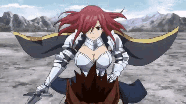 a woman in armor is holding a sword while riding a man .