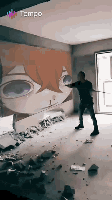 a man is standing in front of a wall with a picture of a girl on it that says tempo on it