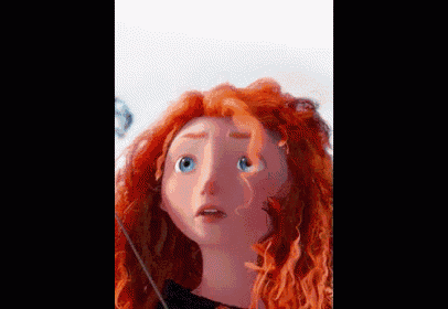 a close up of a cartoon character 's face with red hair and blue eyes