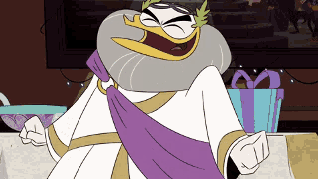 a cartoon character is wearing a white robe and a purple sash