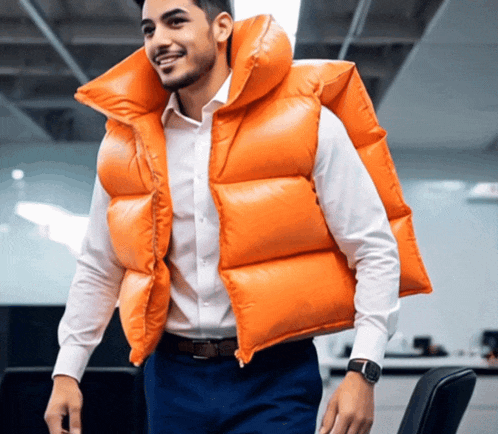 a man wearing an orange vest is smiling