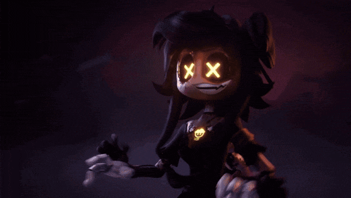 a cartoon character is standing in a dark room with a red light behind her
