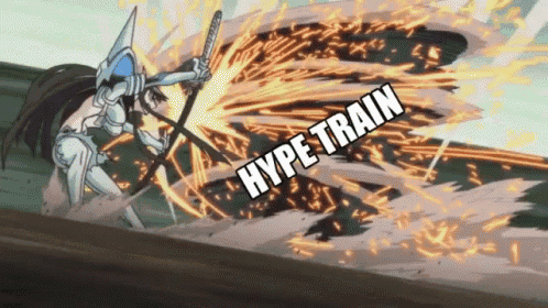 a cartoon character is holding a sword and the words hype train are visible