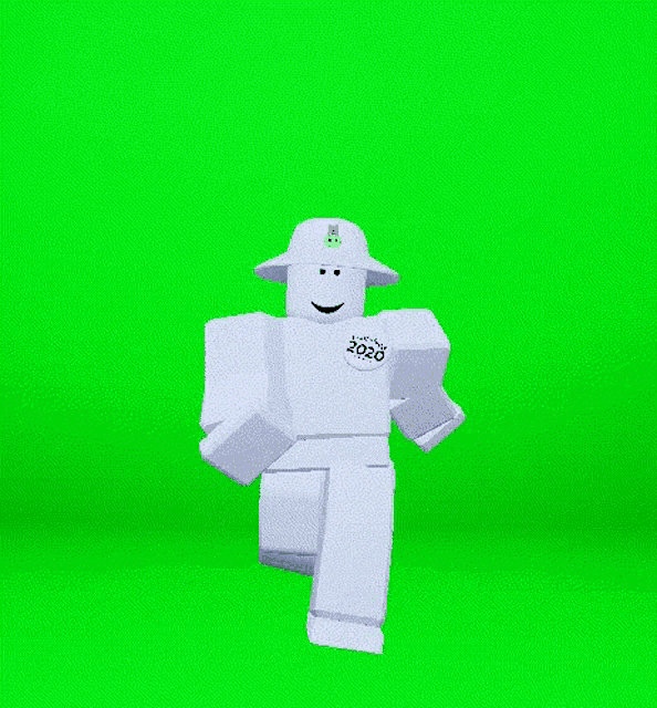 a cartoon character wearing a white hat with a smiley face on it is walking on a green screen .