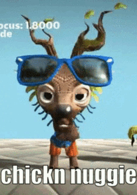 a cartoon character wearing sunglasses and shorts says chickn nuggies