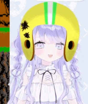 a girl with purple hair and a yellow helmet on her head is smiling .