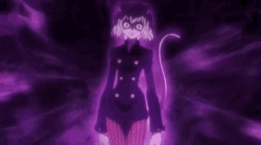 a purple anime character with horns and a tail is standing in the dark .
