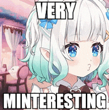 a very interesting anime girl with white hair and green hair is sitting in a room .