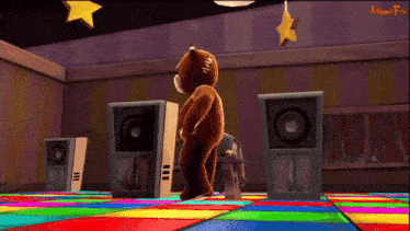 a cartoon of a teddy bear dancing on a colorful dance floor with the words john fox written on the bottom