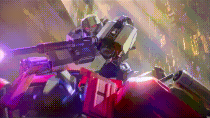 a robot is holding a gun in a dark room while riding a red vehicle .