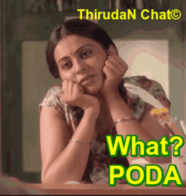 a woman is sitting at a table with her hands on her face and the words what poda written above her