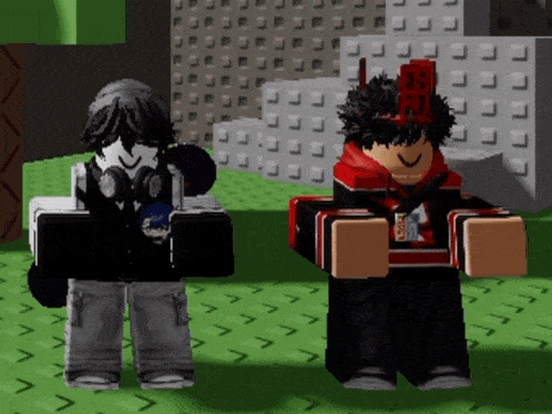 two roblox characters are standing next to each other in front of a city