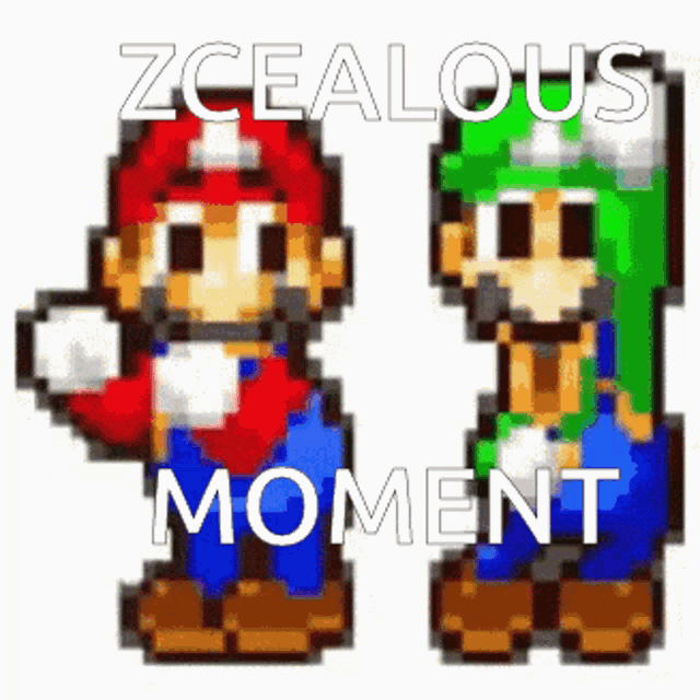a pixel art of mario and luigi standing next to each other with the words zcealous moment below them .