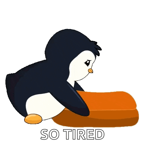 a penguin is sitting on top of a piece of wood with the words `` so tired '' written below it .
