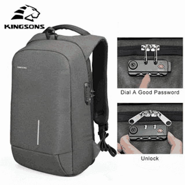a person is holding a kingsons backpack with a combination lock .