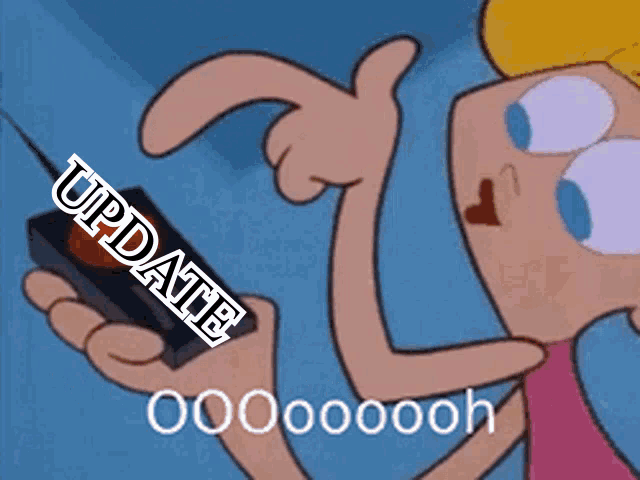 a cartoon character is holding a remote control with the word update written on it