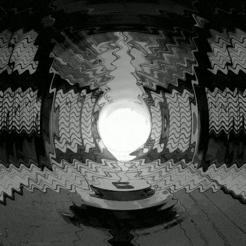 a black and white drawing of a tunnel with a light at the end of it