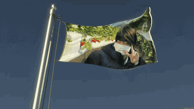 a flag that has a picture of a person wearing a mask on it