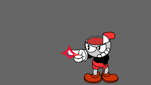 a cuphead cartoon character pointing at something with his finger
