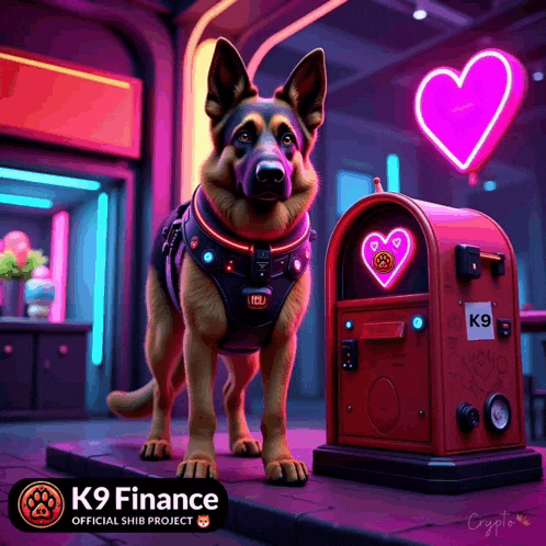 a german shepherd standing next to a mailbox with a heart on it and the words k9 finance on the bottom