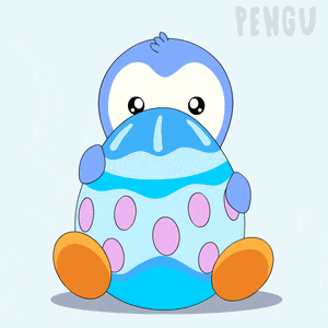 a penguin is holding a blue egg with pink dots on it