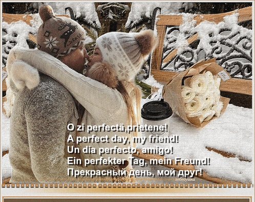 a man and woman hugging in the snow with a cup of coffee and a bouquet of flowers
