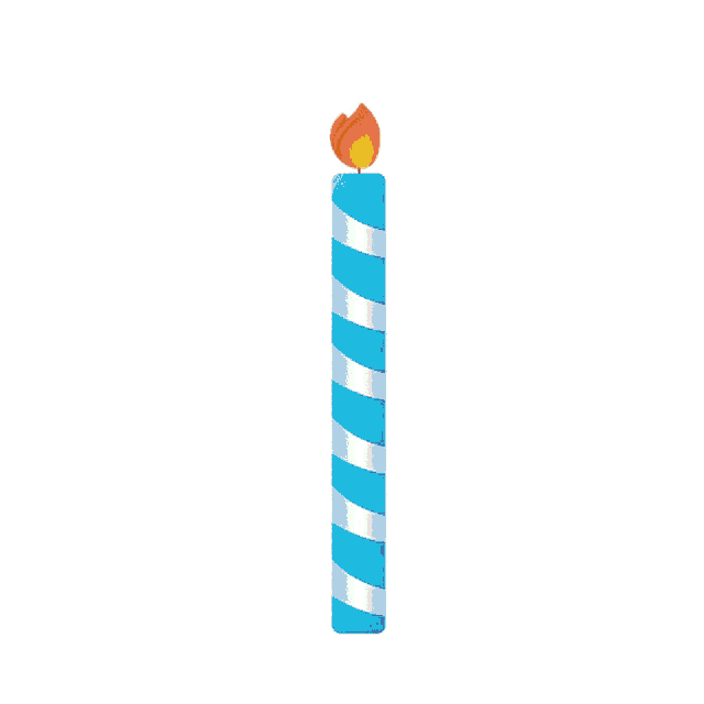 a purple and orange striped birthday candle with a flame