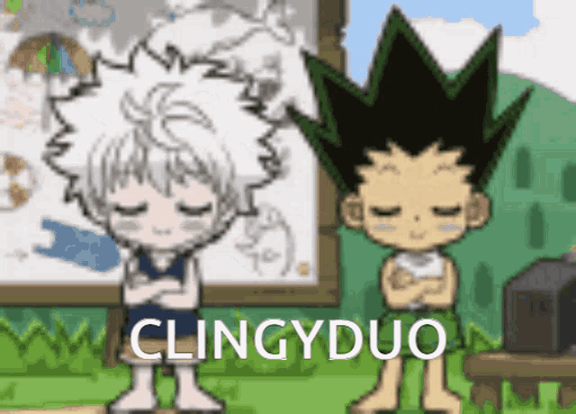 a couple of cartoon characters standing next to each other with the words clingyduo on the bottom right